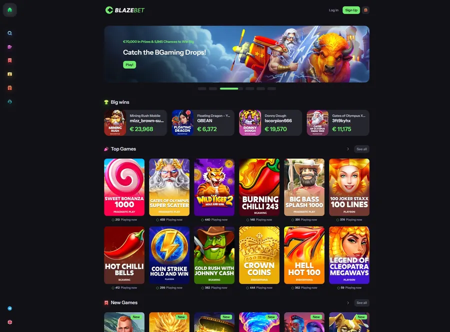 Lobby de juegos de BlazeBet con tragaperras y casino en vivo